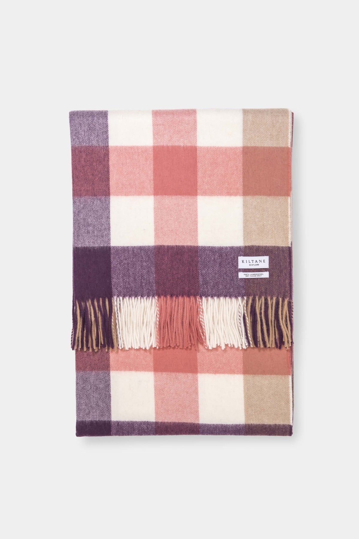 Kiltane Lambswool Throw in Eminence 5 Square Check, featuring pink, plum, cream, and tan check pattern with fringed edges