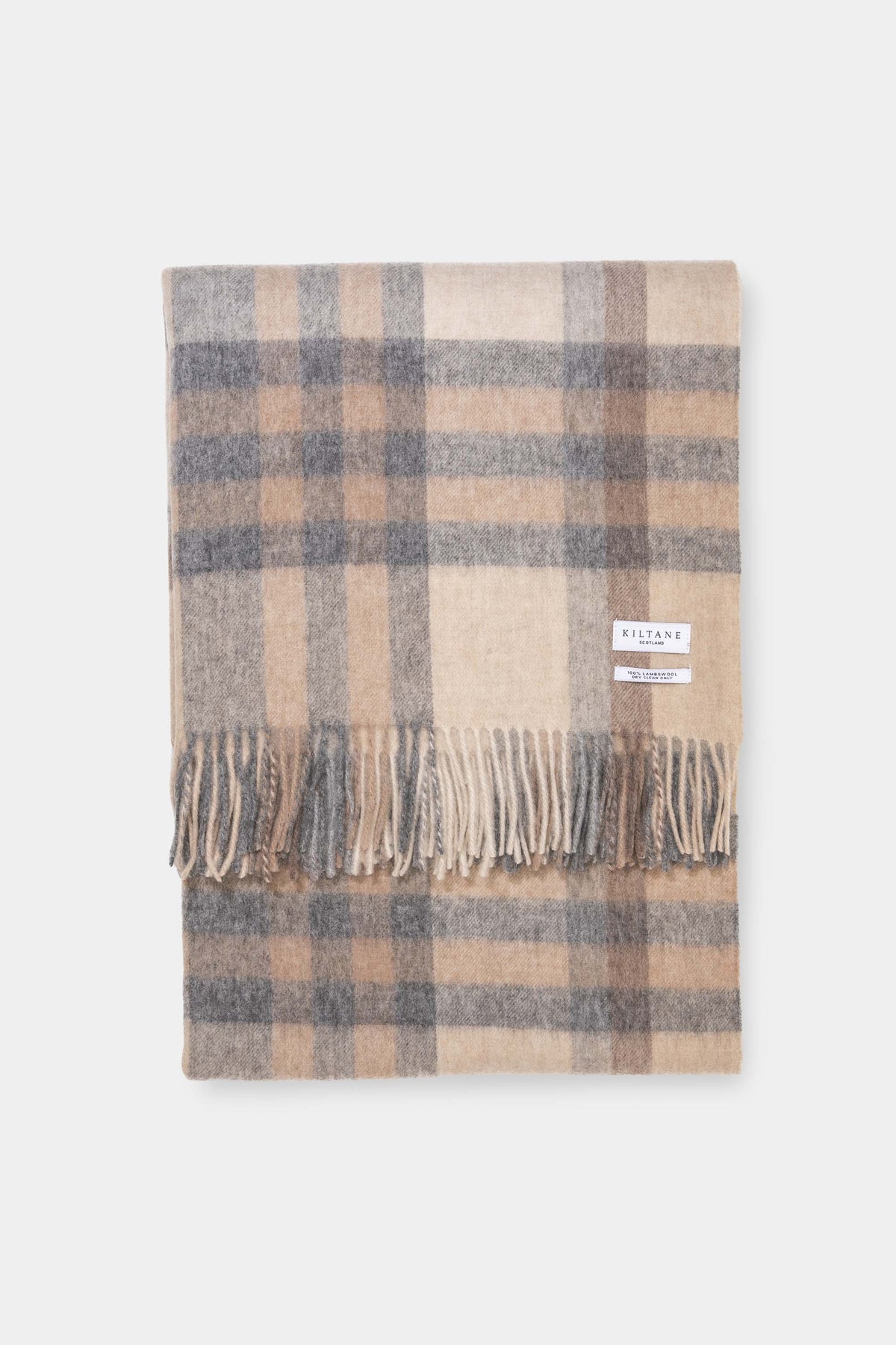 Kiltane Lambswool Throw - Natural Tartan 2, soft plaid blanket in beige, cream, and grey tones with fringed edges