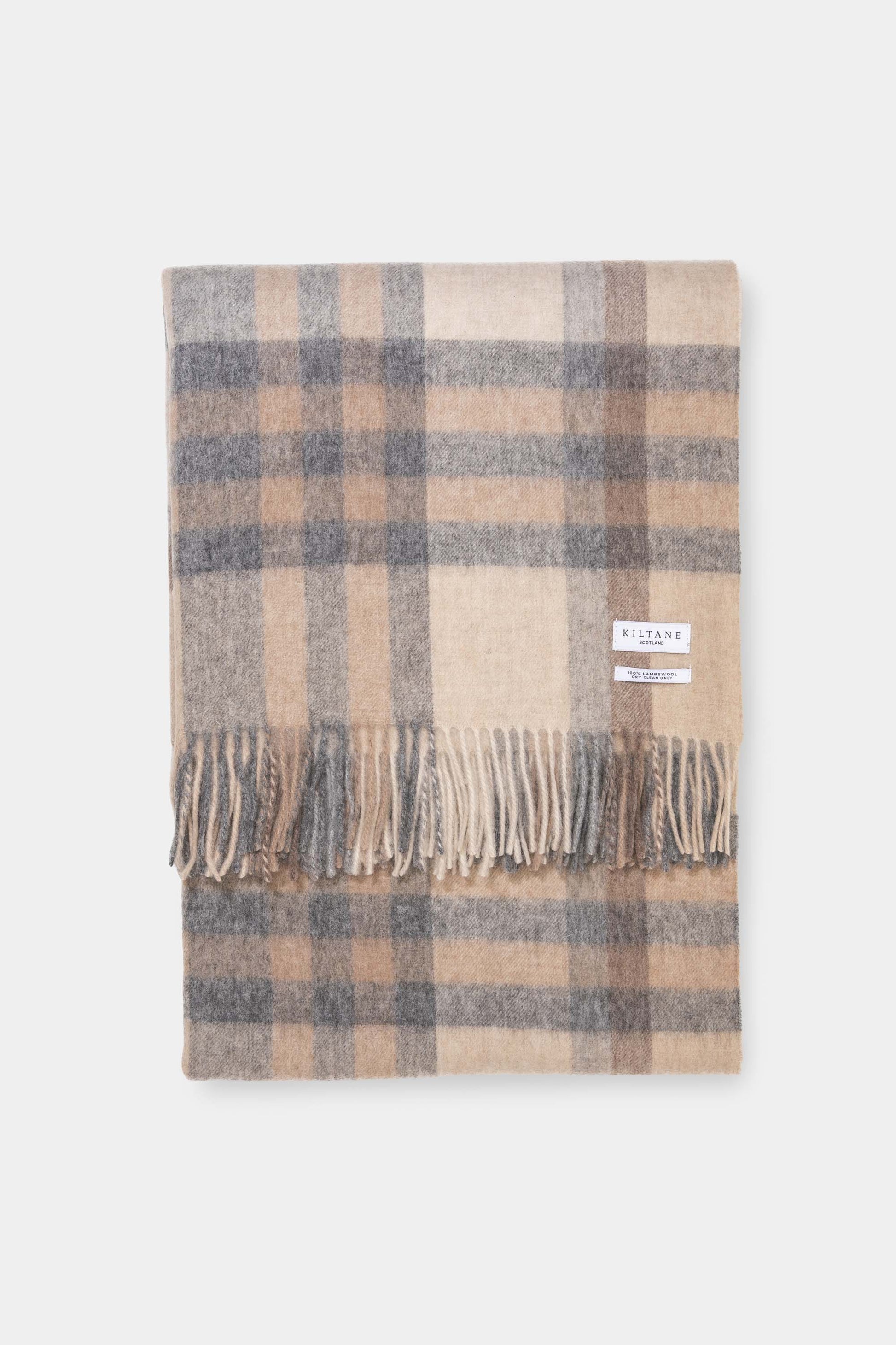 Kiltane Lambswool Throw - Natural Tartan 2, soft plaid blanket in beige, cream, and grey tones with fringed edges