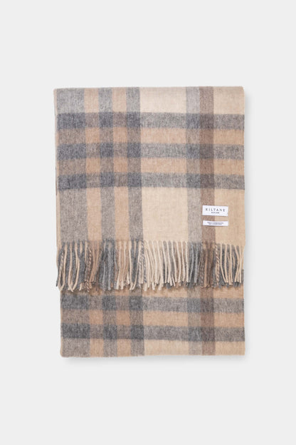 Kiltane Lambswool Throw - Natural Tartan 2, soft plaid blanket in beige, cream, and grey tones with fringed edges
