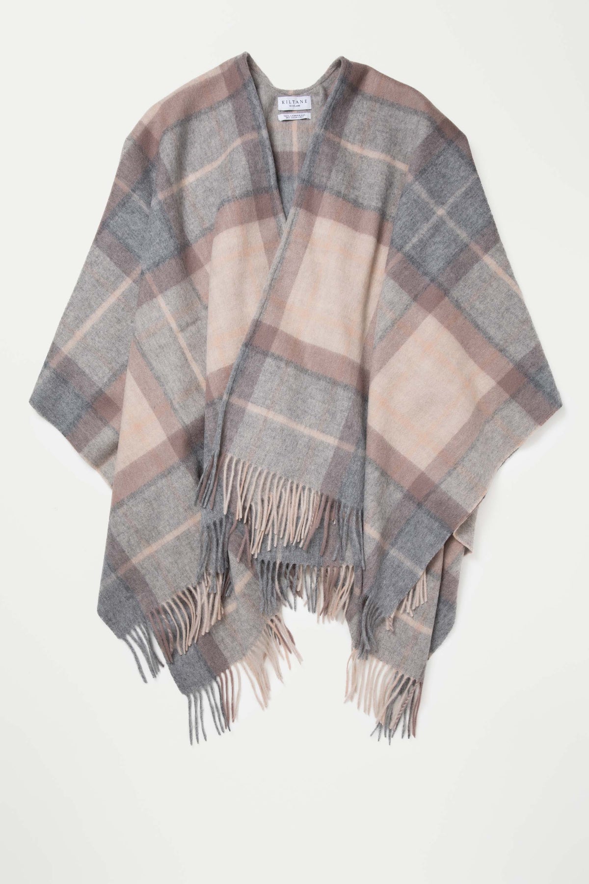 Heritage Tartan Lambswool Wrap in Mackellar Natural laid flat, showing full plaid pattern in soft grey, pink, and mauve with fringed hem