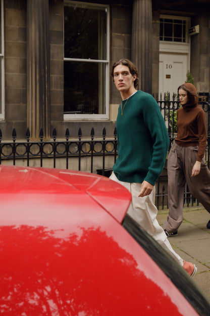 Fisherman Ribbed Cashmere Crew Neck - Forest Green