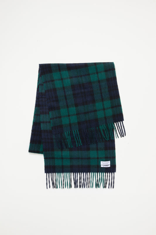 Kiltane Heritage Cashmere Wide Scarf in Blackwatch tartan folded flat showing green and navy plaid pattern with fringed ends
