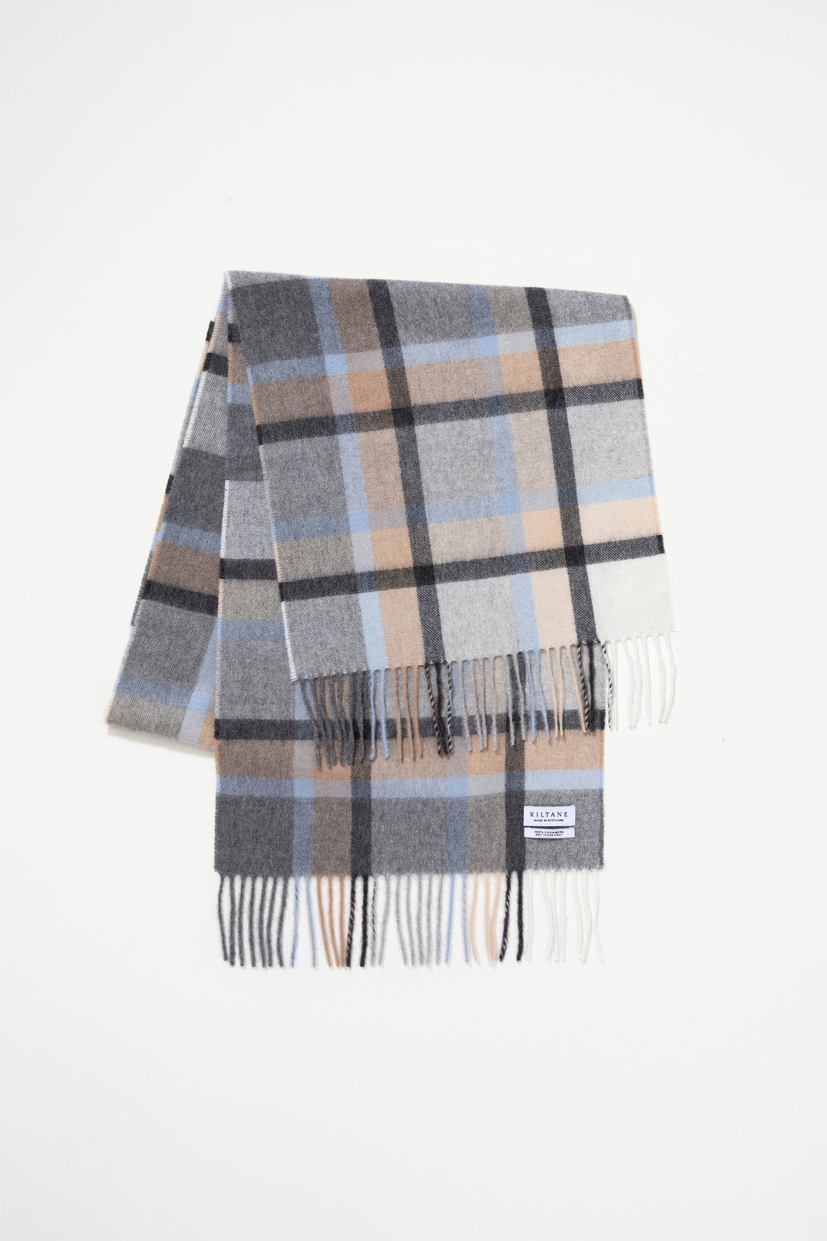 Kiltane Princeton Check Cashmere Wide Scarf in Blue, folded flat showing full plaid pattern with fringed ends