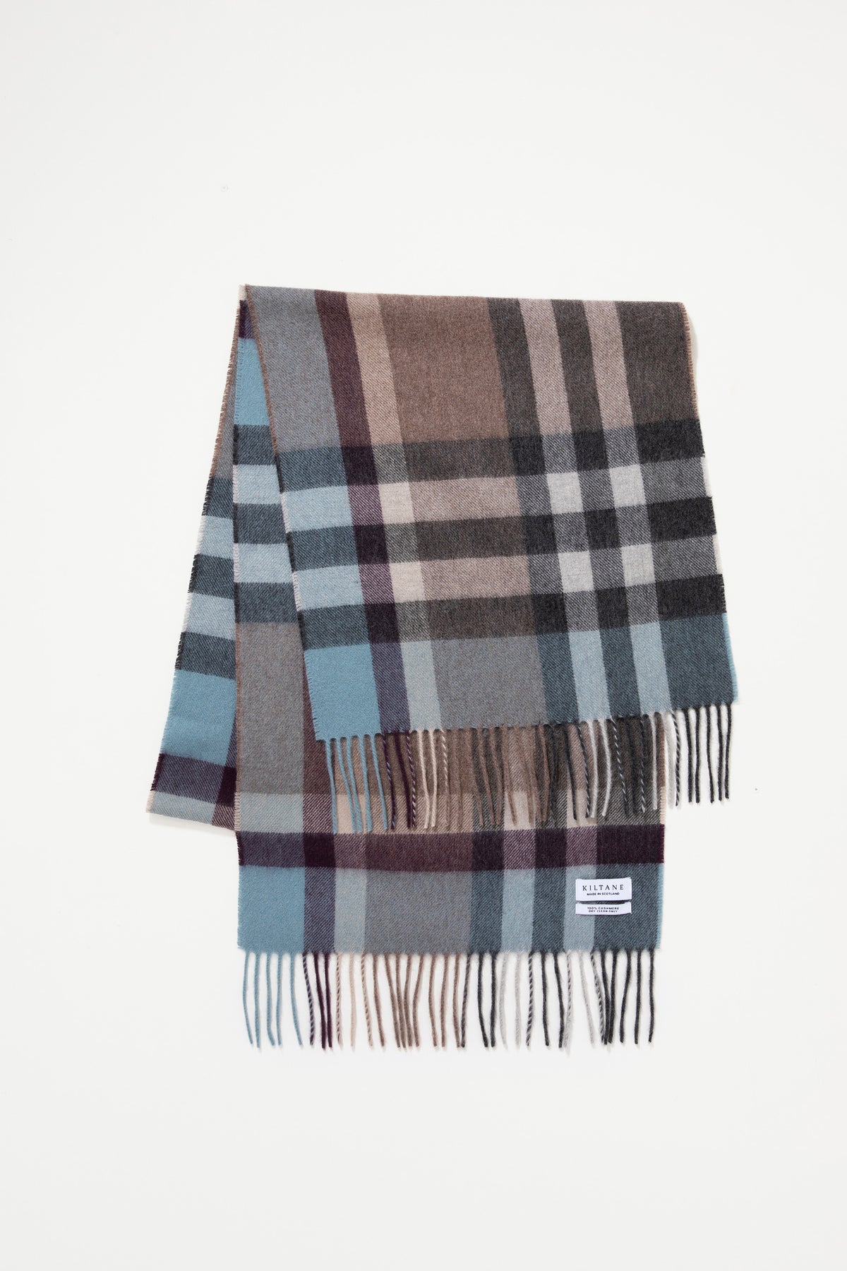 Kiltane Made in Scotland Tartan 2 Cashmere Wide Scarf in Blue Taupe, folded flat showing plaid pattern and fringed ends
