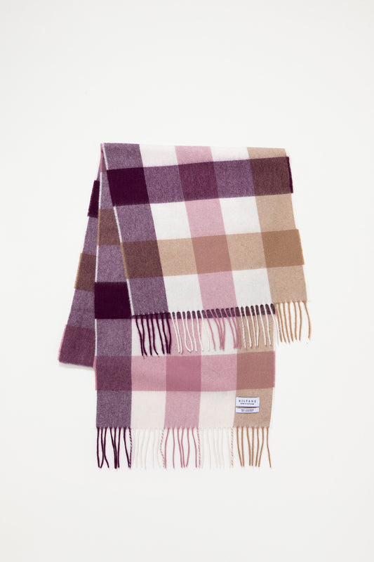 Kiltane Made in Scotland 5 Square Check Cashmere Wide Scarf in Rhubarb Pink, folded to show full check pattern and fringe