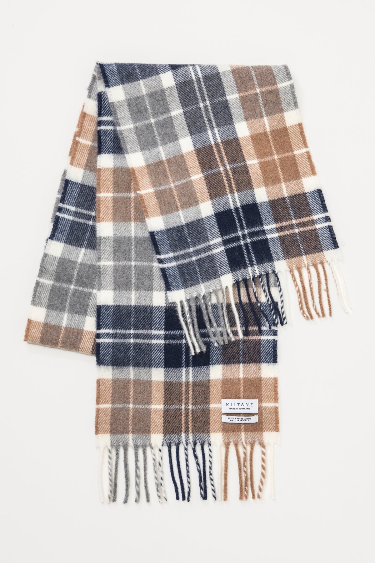 Kiltane Made in Scotland Lambswool Scarf in Aurora Classic tartan with navy, brown, grey and white plaid and fringed ends