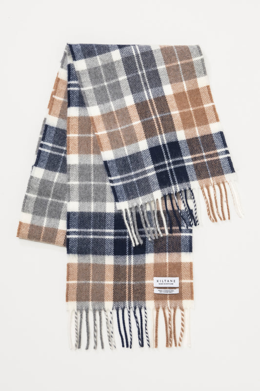 Kiltane Made in Scotland Lambswool Scarf in Aurora Classic tartan with navy, brown, grey and white plaid and fringed ends