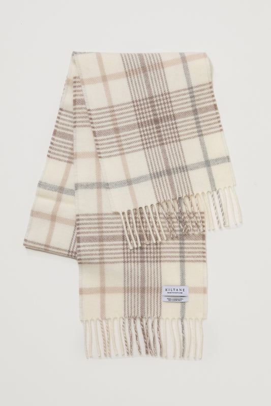 Kiltane Made in Scotland Lambswool Scarf in Fingask Check Sandstone folded flat showing full plaid pattern and fringed ends