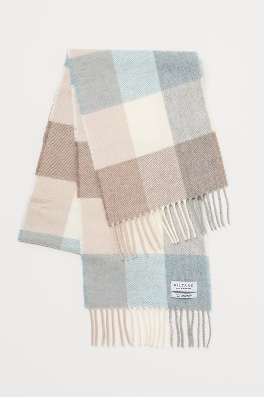 Made in Scotland Lambswool Scarf in Opal 3 Square Check, folded to show fringe detail and Kiltane brand label