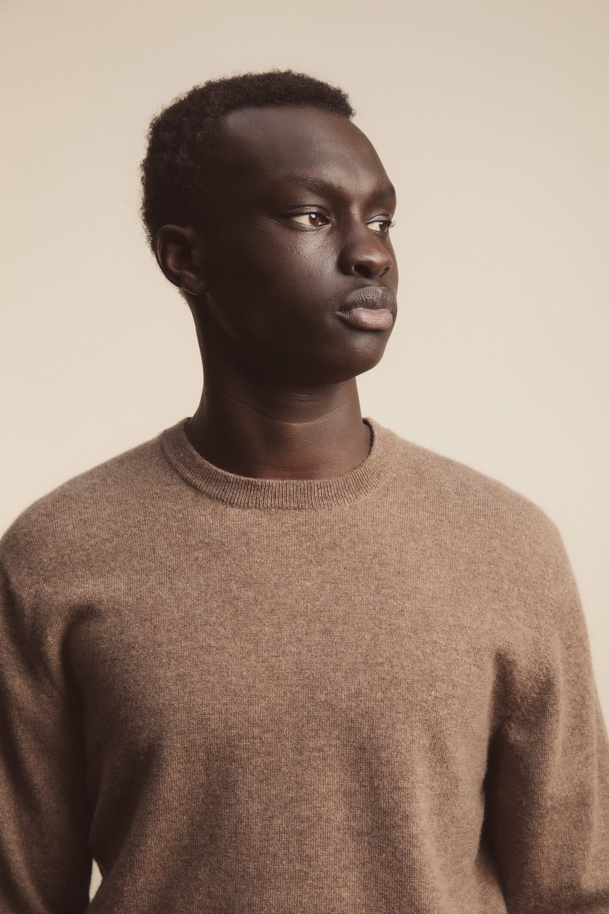 Men's Cashmere Crew Neck Jumper in Squirrel brown, close-up of ribbed neckline and soft knit texture worn by model