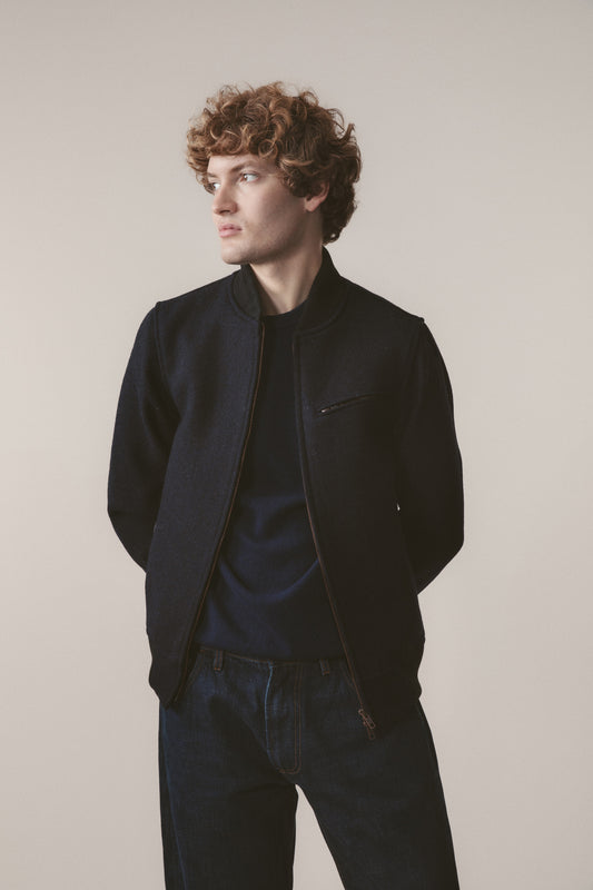 Men's Harris Tweed Bomber Jacket - Dark Navy Twill Solid