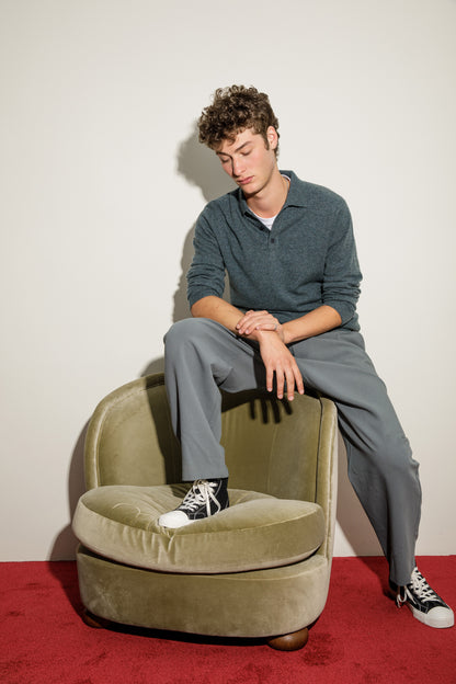 Men's Long Sleeved Knitted Polo Shirt - Haze Green