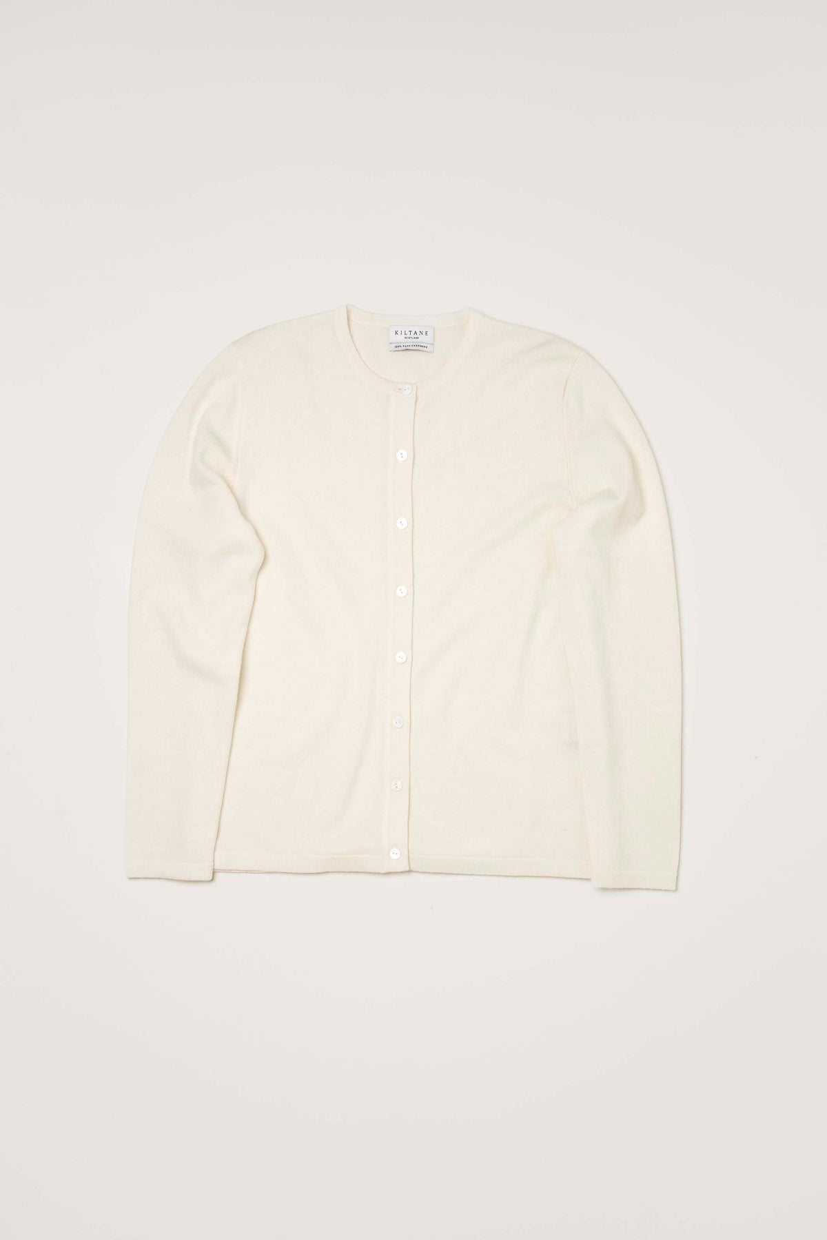 Kiltane Women's Cashmere High Button Cardigan in Soft Cream, flat lay front view showing full button placket