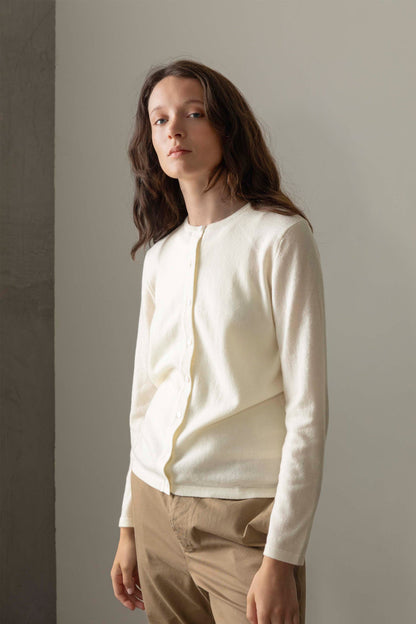 Women's Cashmere High Button Cardigan in Soft Cream with crew neck, front button closure, and fitted silhouette