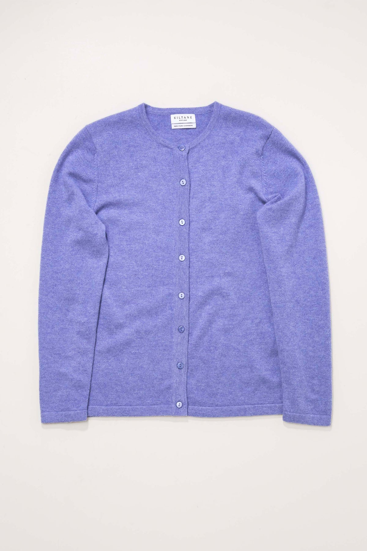 Kiltane Women's Cashmere High Button Cardigan in wisteria purple, flat lay showing full front with button placket