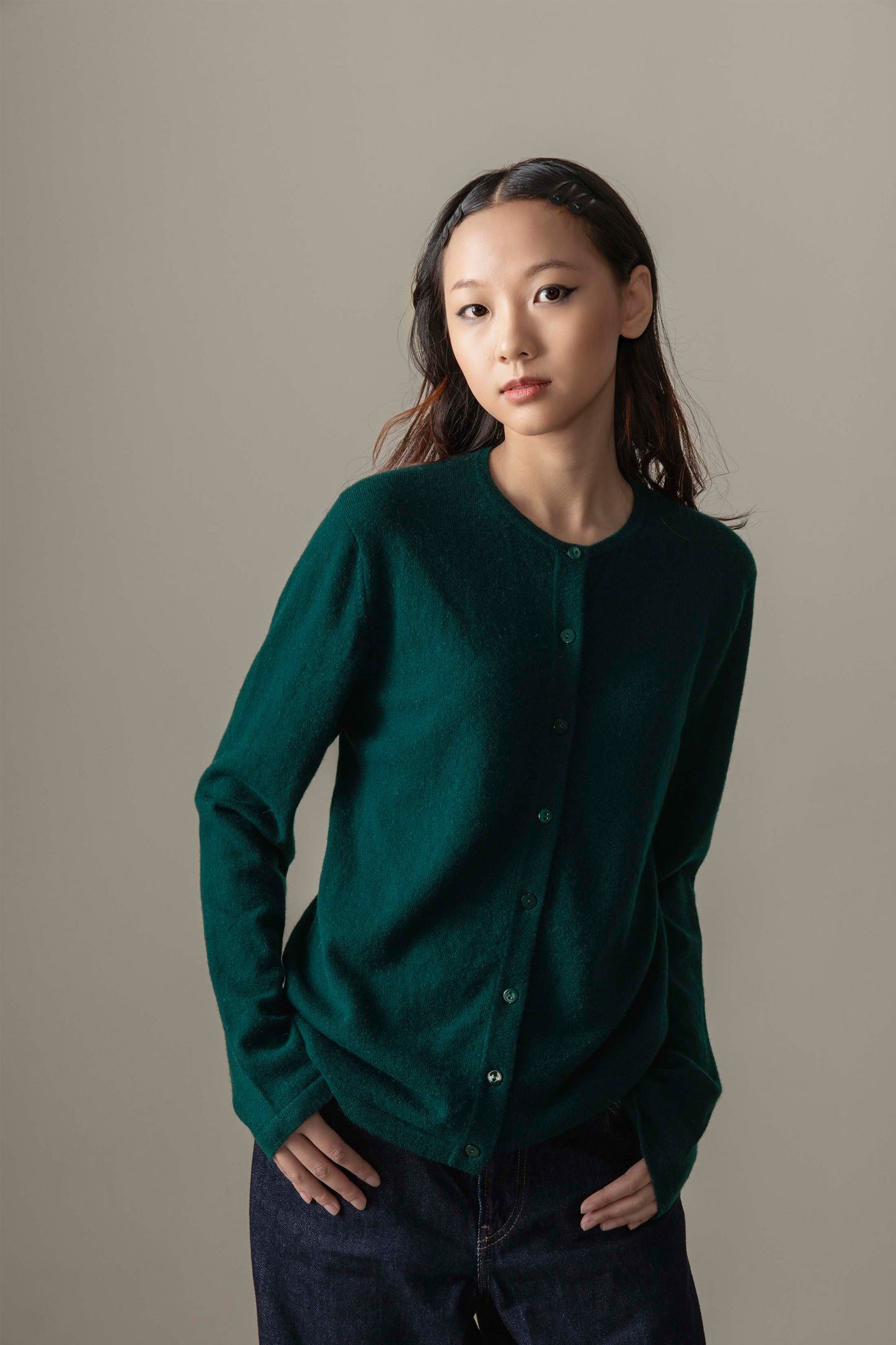 Women's Cashmere High Button Cardigan - Forest Green
