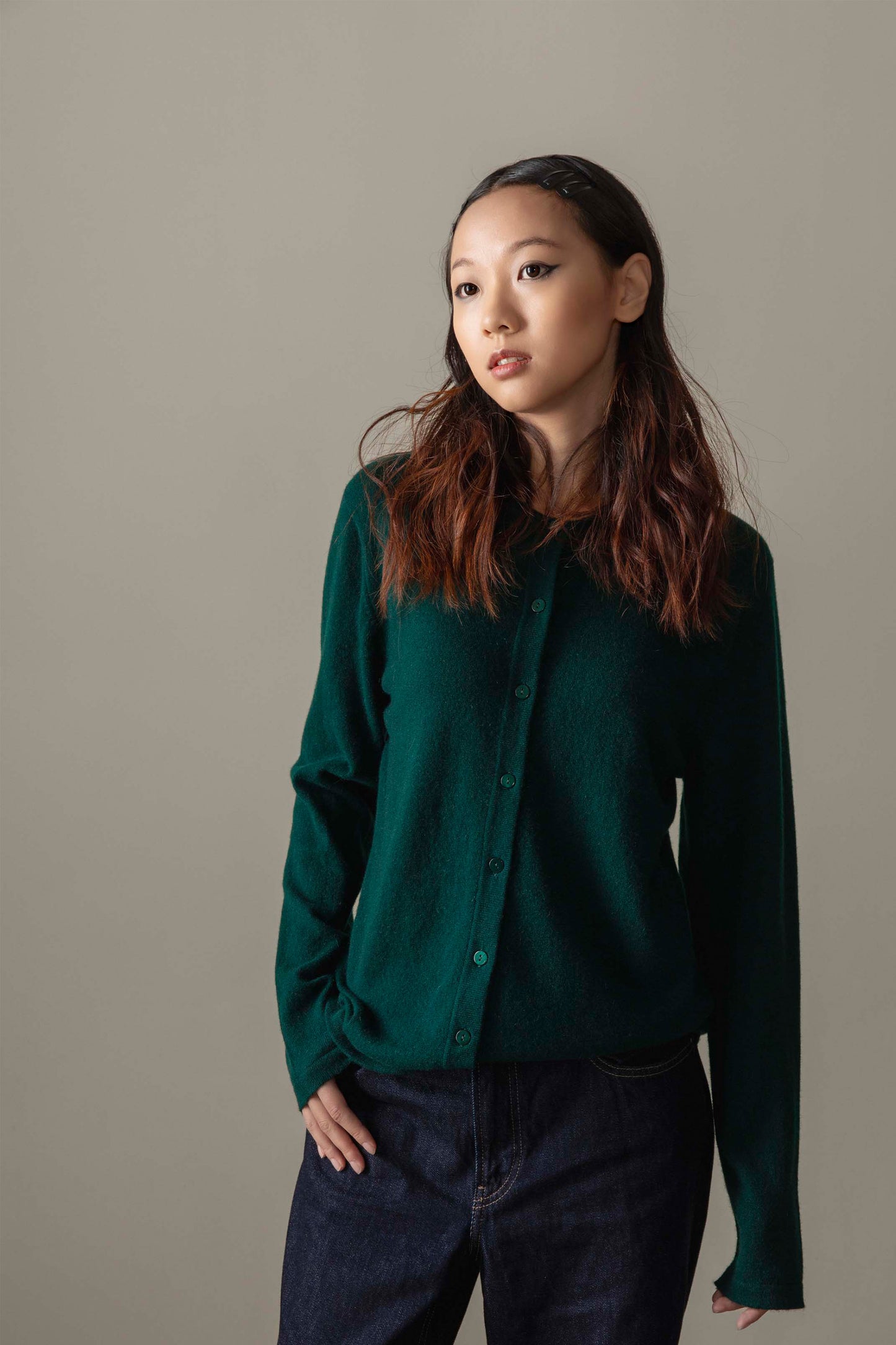 Women's Cashmere High Button Cardigan - Forest Green
