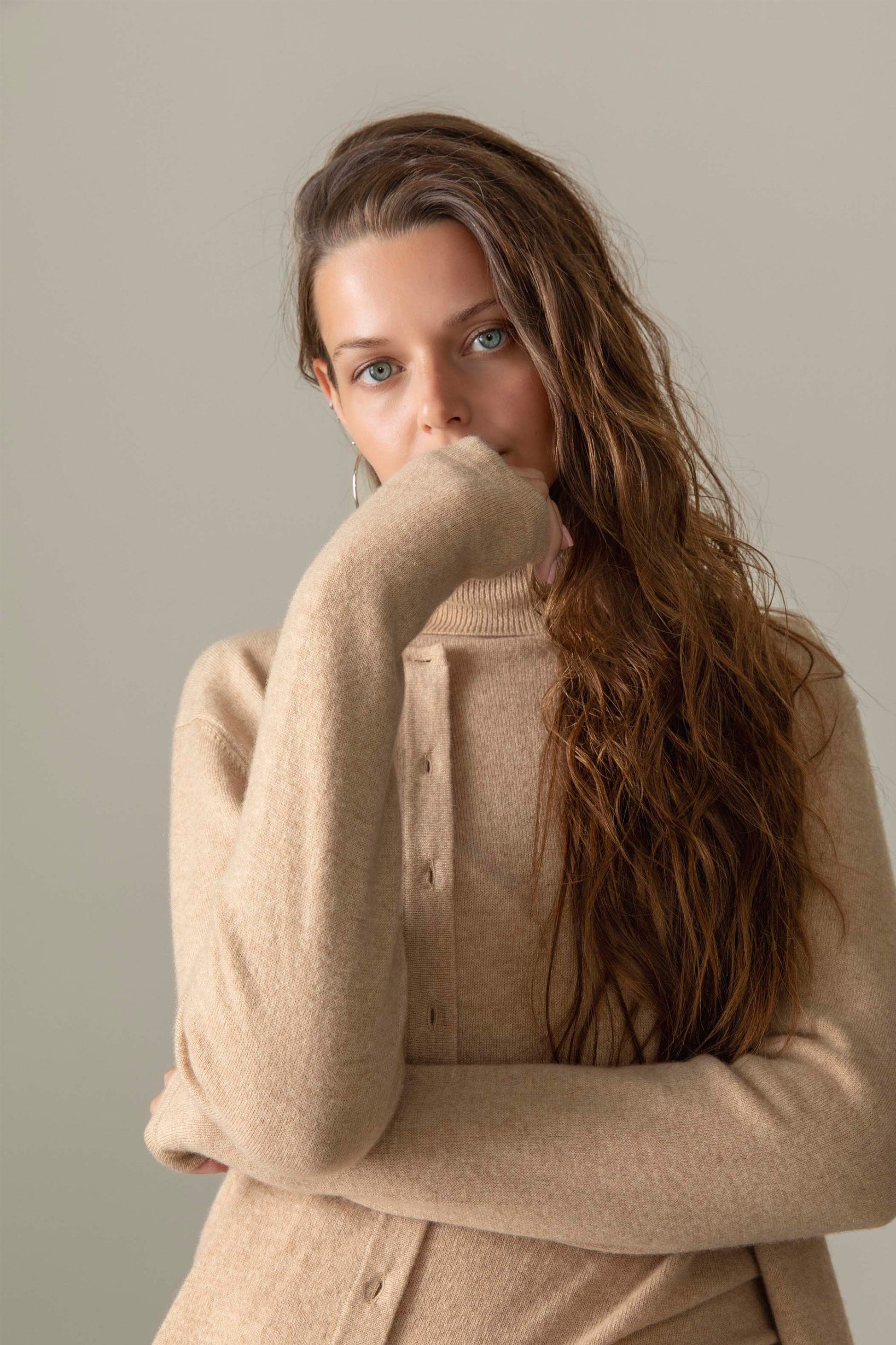 Women's Cashmere High Button Cardigan in Vicuna, a warm beige knit with mock neck and front button placket