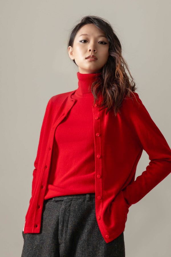 Women's Cashmere High Button Cardigan - Red