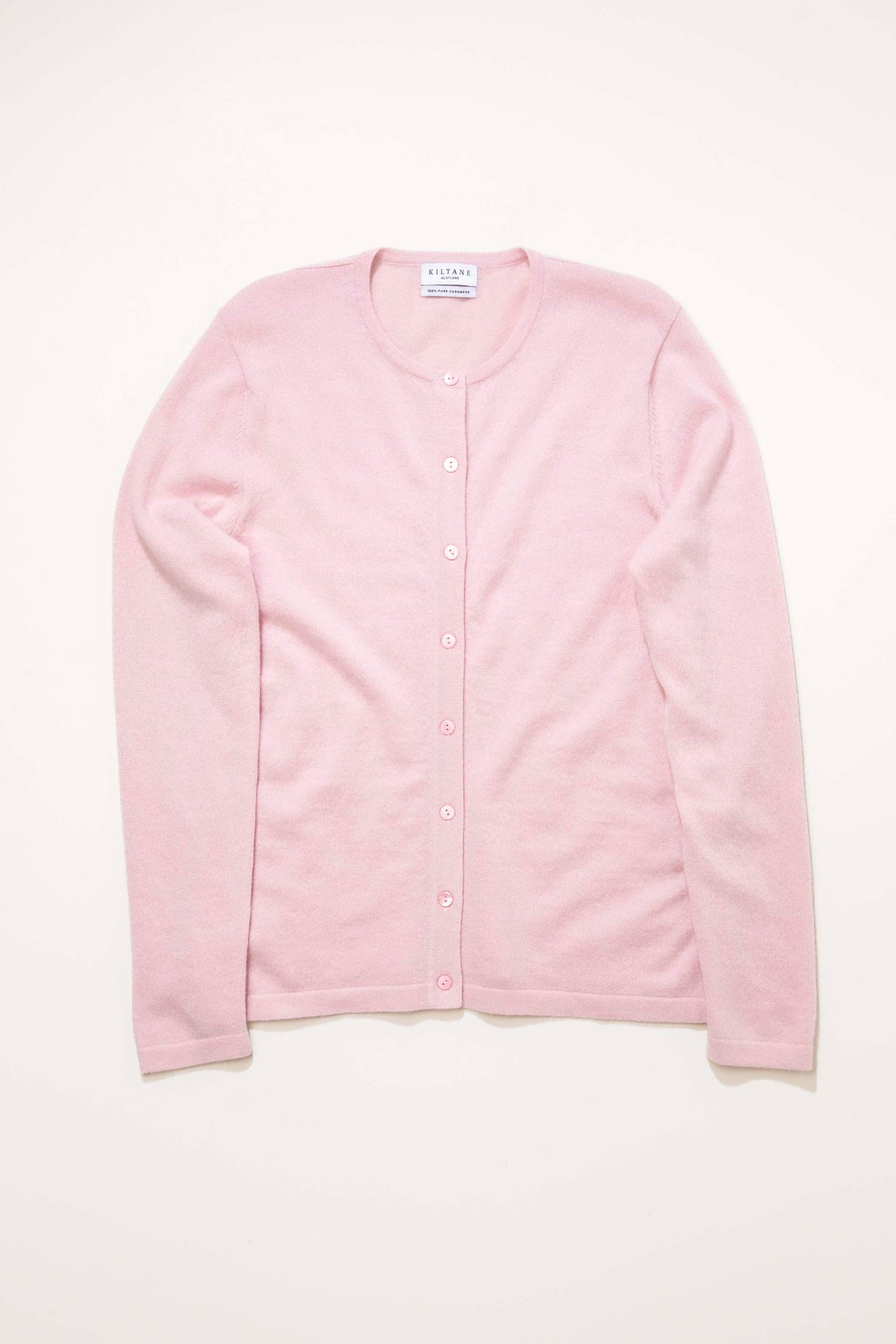 Women's Cashmere High Button Cardigan in Pale Lilac, front flat lay showing full button placket and round neckline