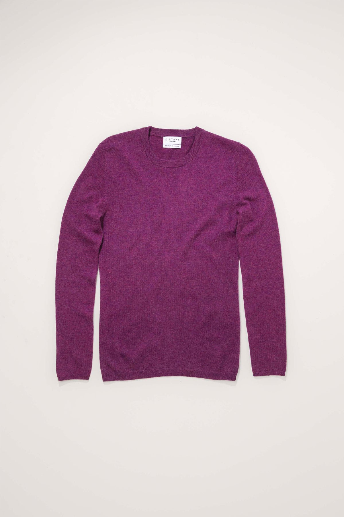 Kiltane Women's Cashmere Crew Neck Jumper in Sloeberry laid flat, showing full front view with crew neckline and long sleeves