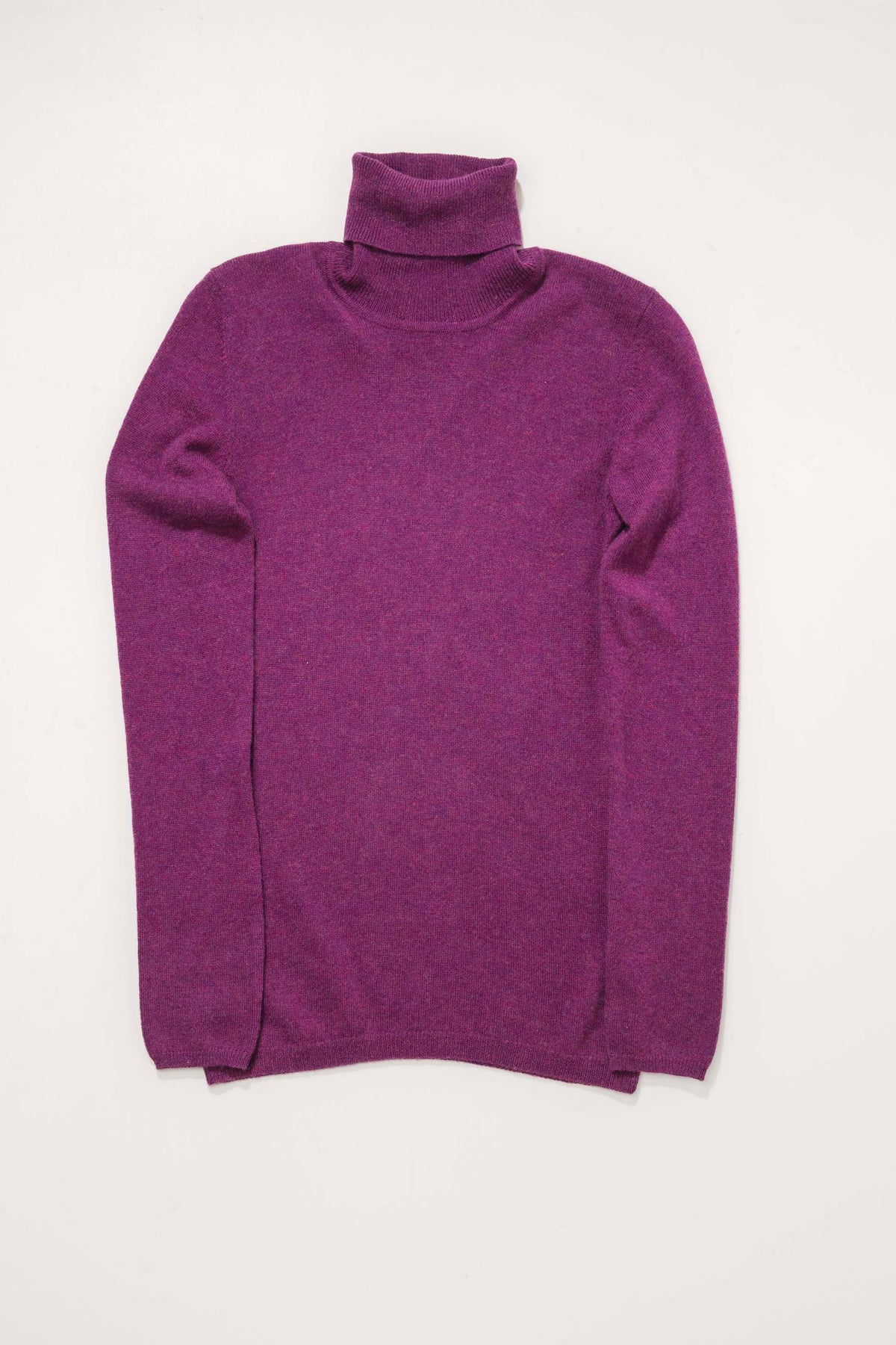 Women's Cashmere Polo Neck Jumper in Sloeberry laid flat, showing full front view with folded turtleneck collar