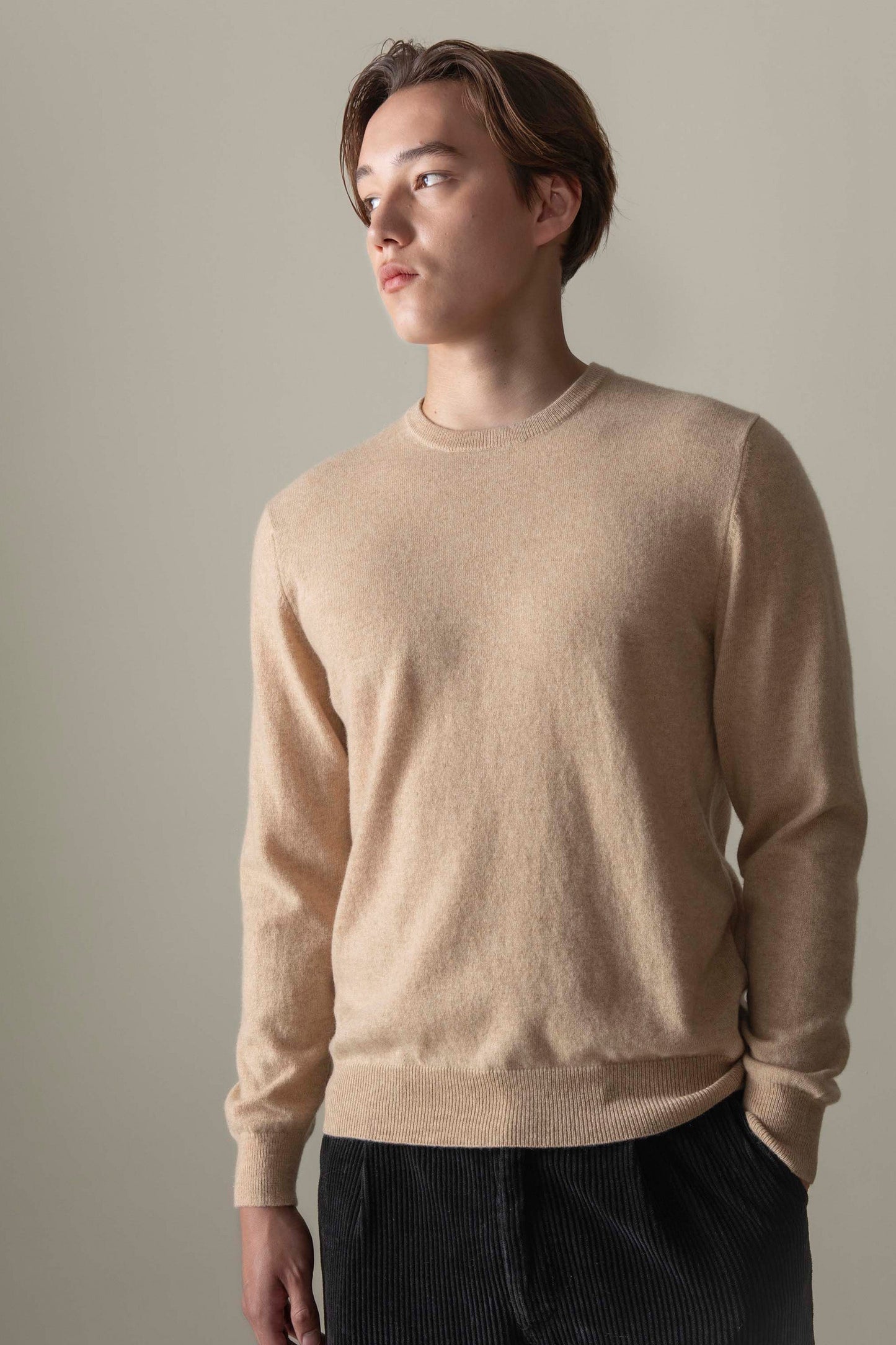 Men's Cashmere Crew Neck Jumper in Vicuna, a warm beige tone, with relaxed fit and ribbed cuffs, worn by model