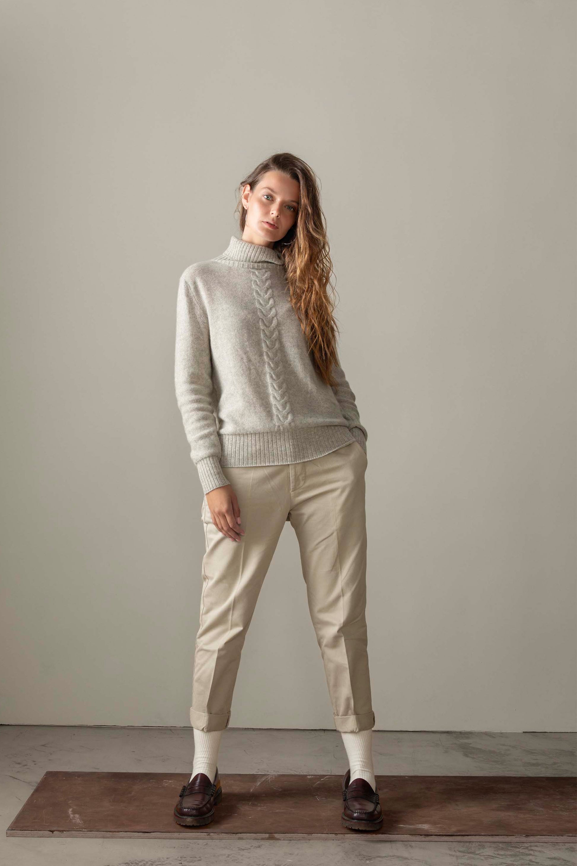 Women's Cable Knit Polo Neck Jumper Grey – Kiltane