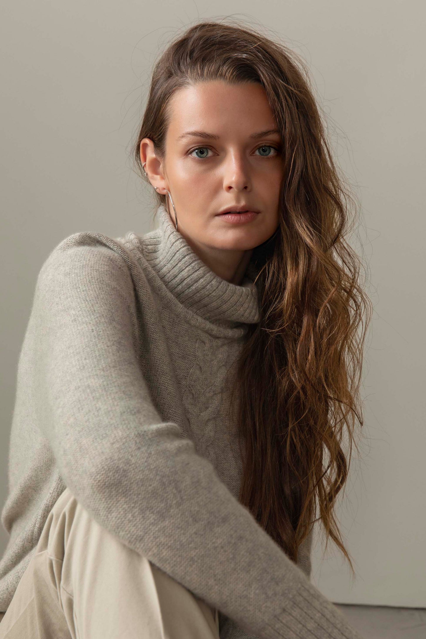 Women's Cable Knit Polo Neck Jumper - Grey