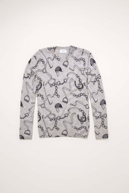 Women's Equestrian Print Crew Neck Jumper - Oyster Grey