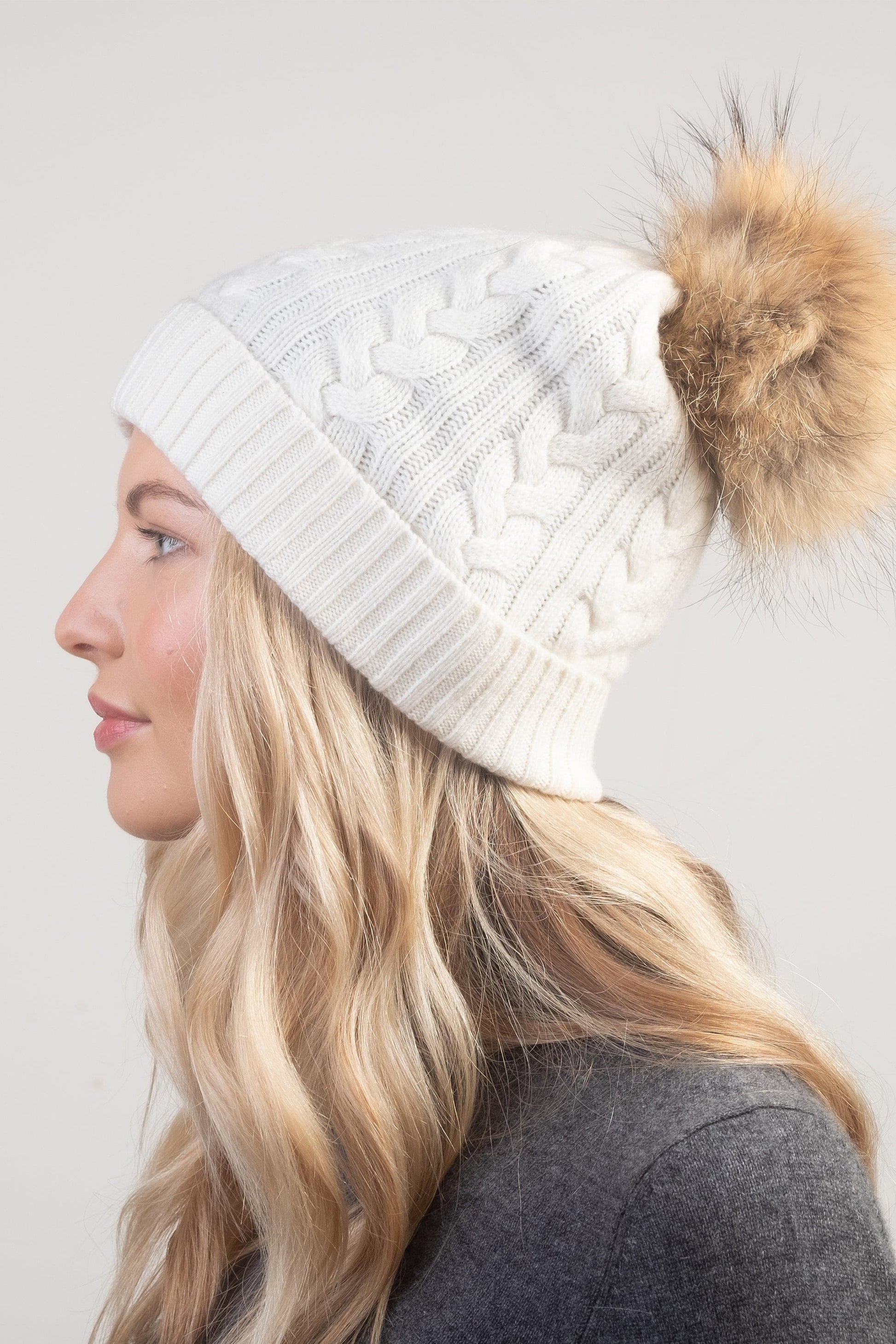 Cable Knit Pom Pom Hat Soft White – Kiltane