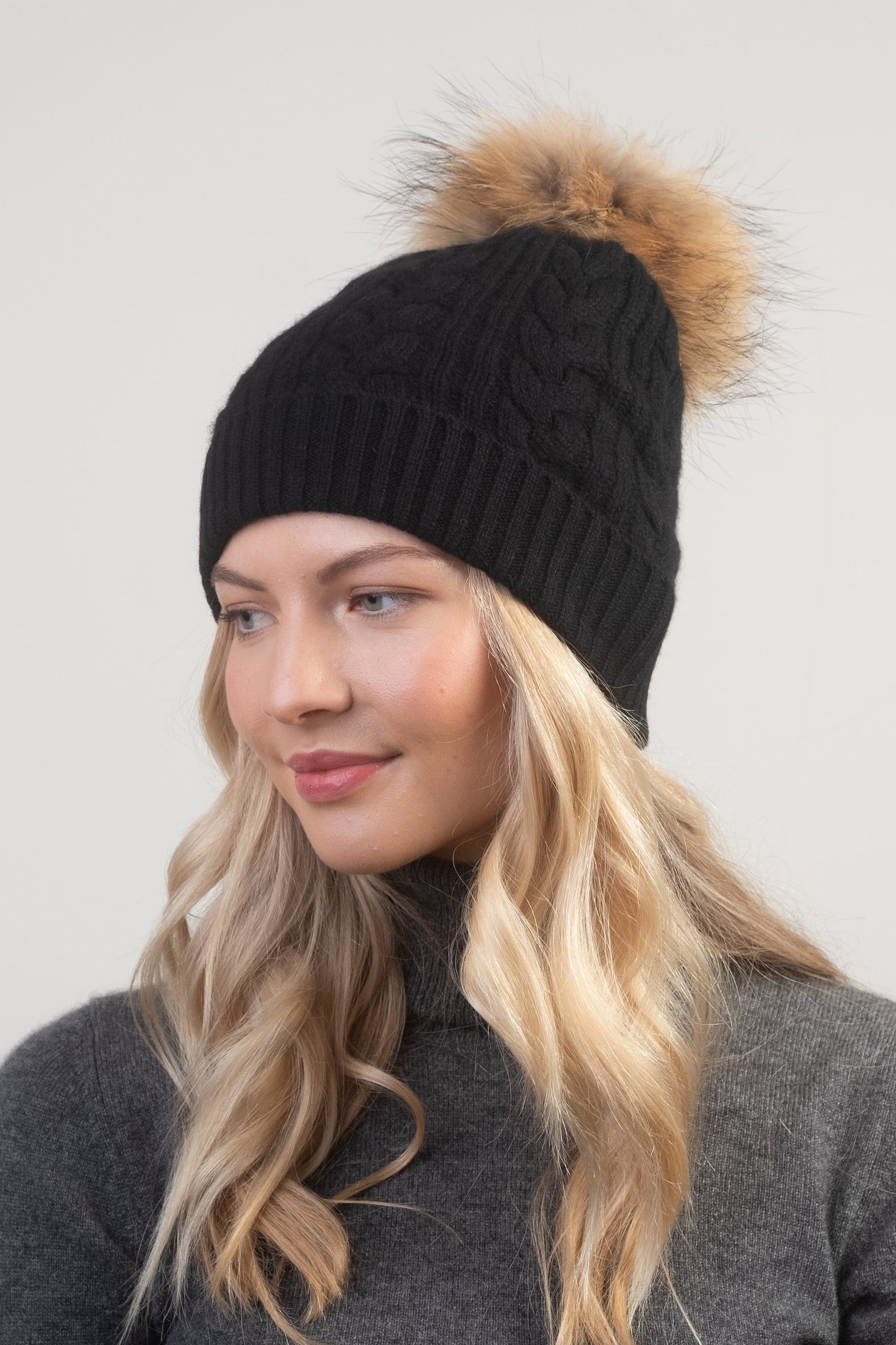 Cable Knit Pom Pom Hat Black – Kiltane - Main Image