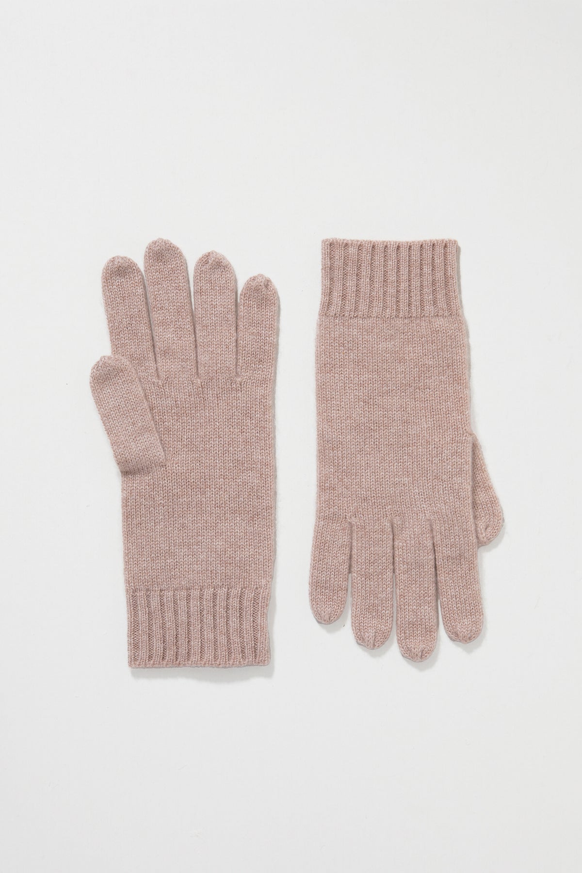 Plain Gloves in Sand — soft cashmere knit gloves with ribbed cuffs, shown as a pair laid flat on white background