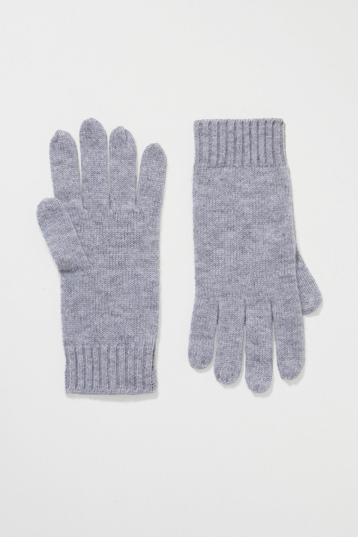 Plain Cashmere Gloves in Oyster Grey — soft knit pair laid flat showing front and back with ribbed cuffs