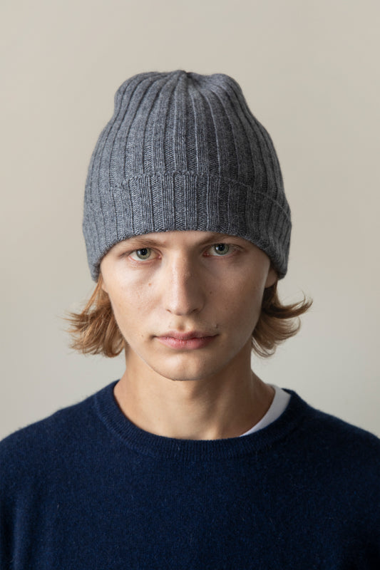 Unisex Cashmere Wide Ribbed Beanie Hat - Derby Grey