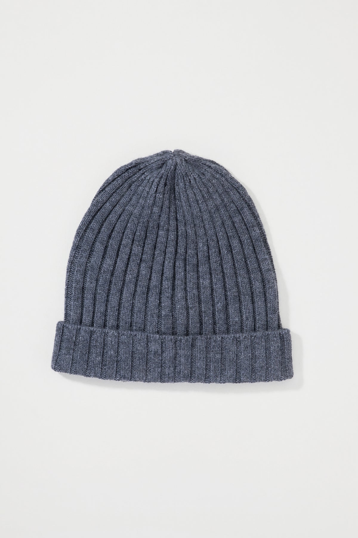 Unisex Cashmere Wide Ribbed Beanie Hat in Derby Grey, front view showing wide rib knit texture and folded cuff