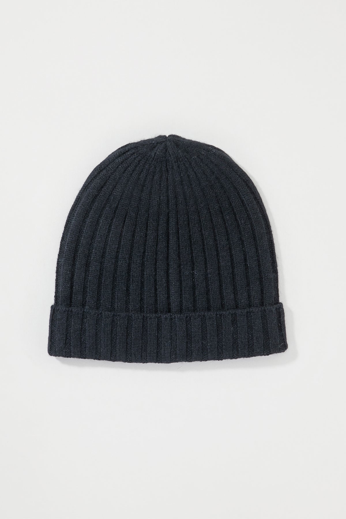 Unisex Cashmere Wide Ribbed Beanie Hat in black, front view showing ribbed knit texture and folded cuff