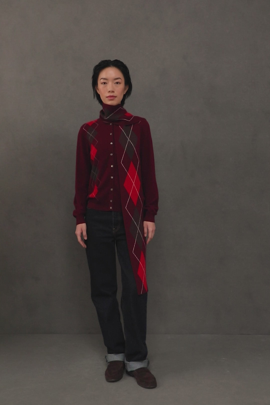 Argyle Skinny Cashmere Scarf - Burgundy