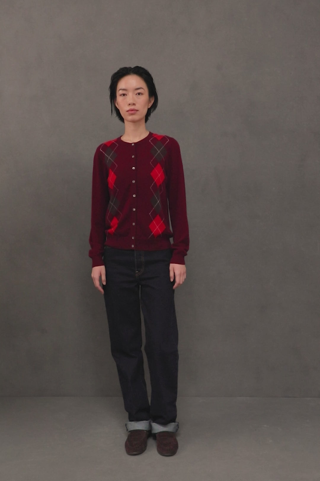 Women's Argyle Cashmere Cardigan - Burgundy