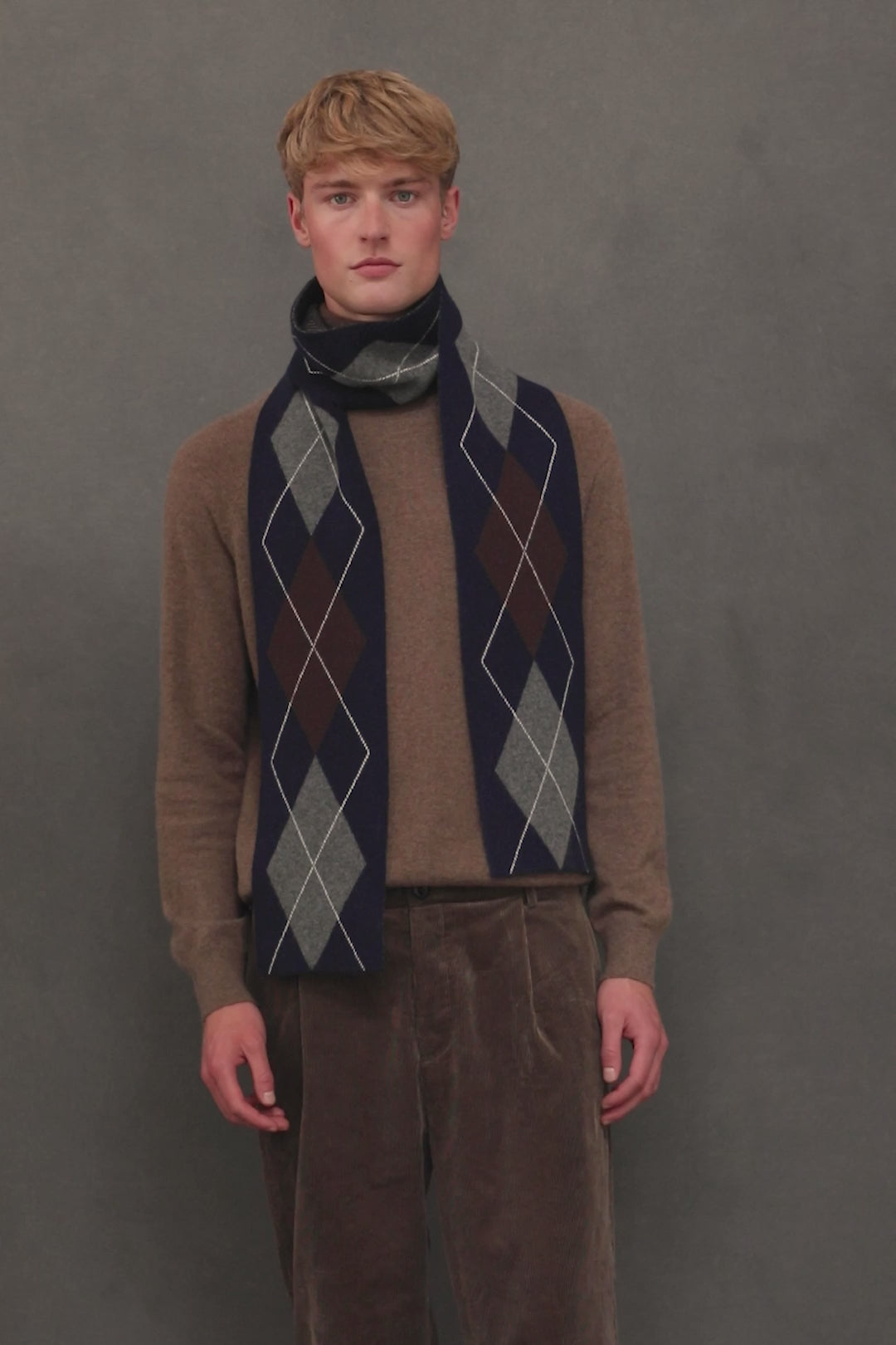 Argyle Skinny Cashmere Scarf- Navy