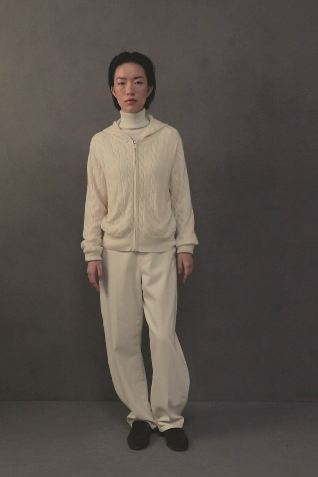 Unisex Cable Cashmere Zip Hoodie - Cream