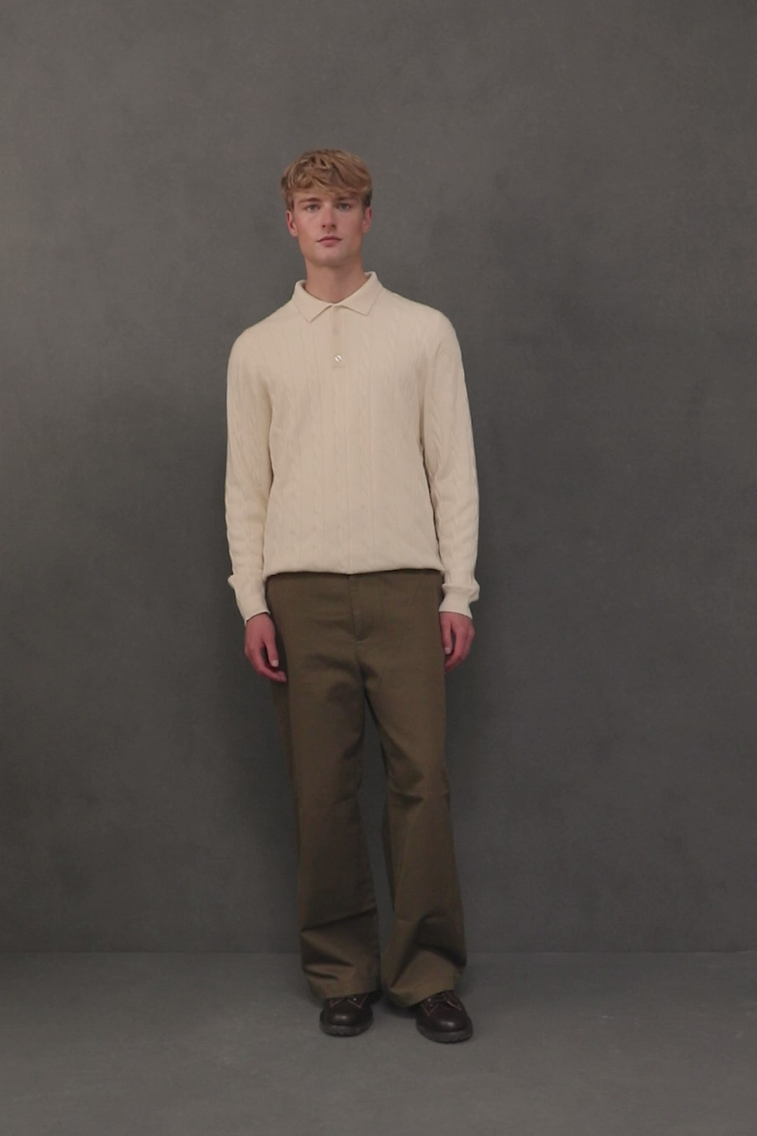 Men's Cable Long Sleeve Cashmere Polo - Cream