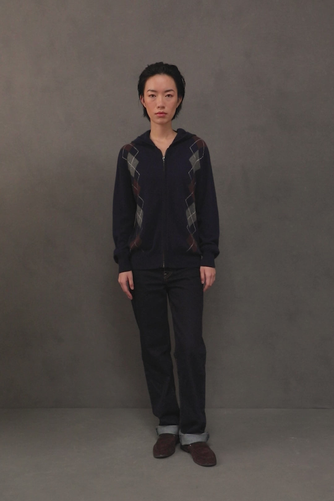 Unisex Argyle Cashmere Zip Hoodie - Navy