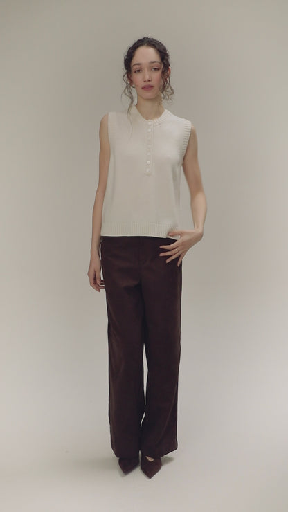 Women's Crew Neck Button Cashmere Vest - Soft White