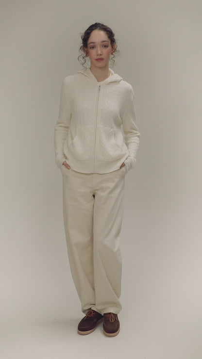 Unisex Cable Zip Cashmere Hoodie - Soft White