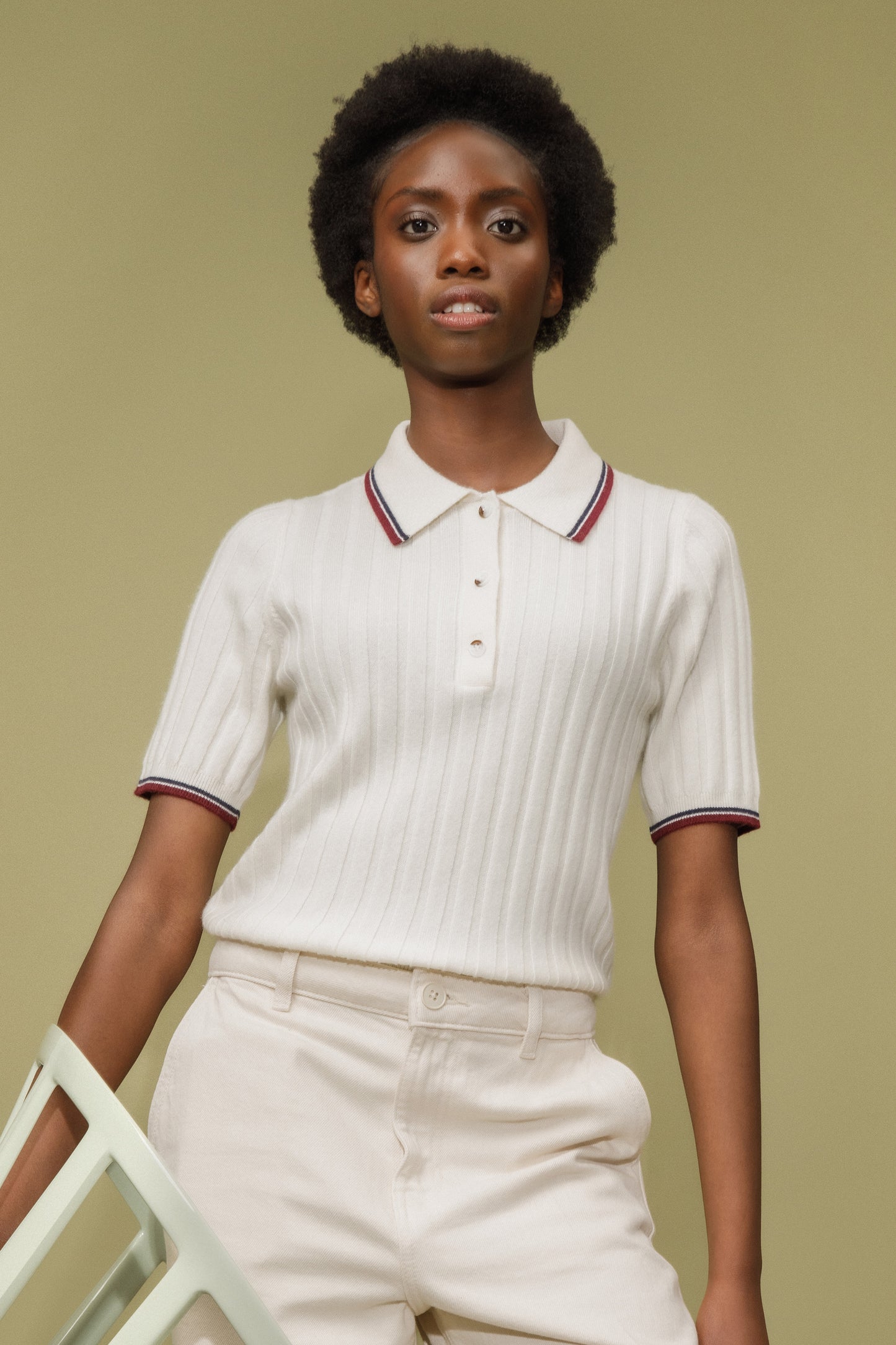 Ribbed Knit Cashmere Polo - Off White