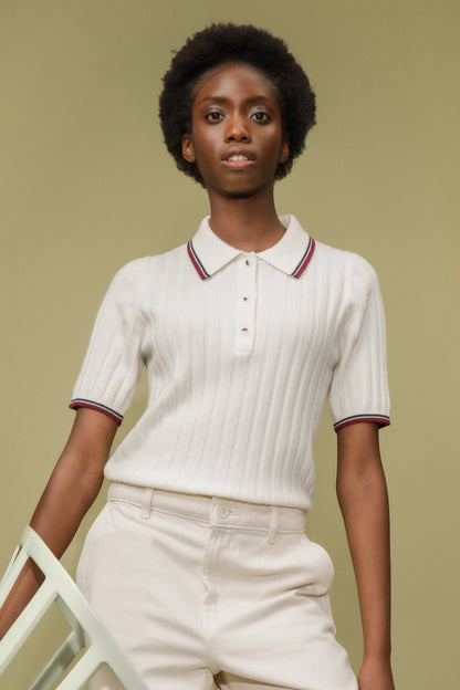 Ribbed Knit Cashmere Polo - Off White