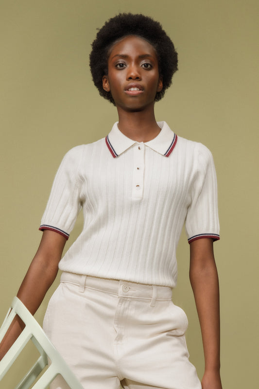 Ribbed Knit Cashmere Polo - Off White