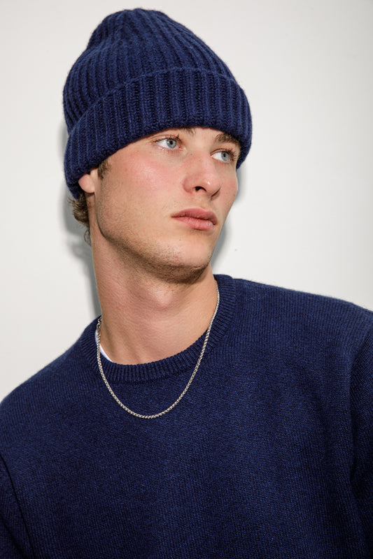 Fisherman Ribbed Cashmere Beanie - Navy